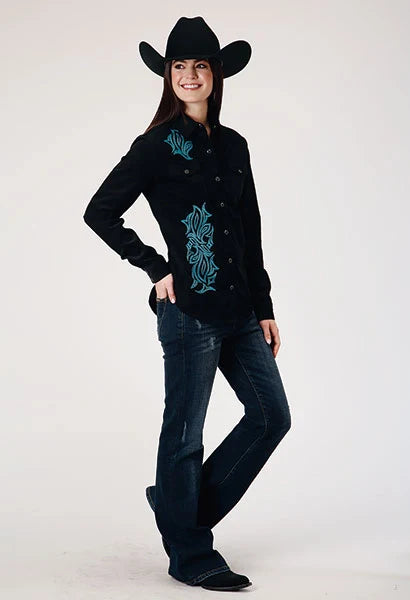 Chemise Western pour femme Roper 1947 en velours côtelé brodé (noir)