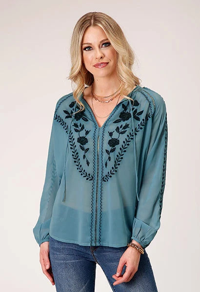 Chemisier western Roper 1873 en poly georgette (bleu) pour femme