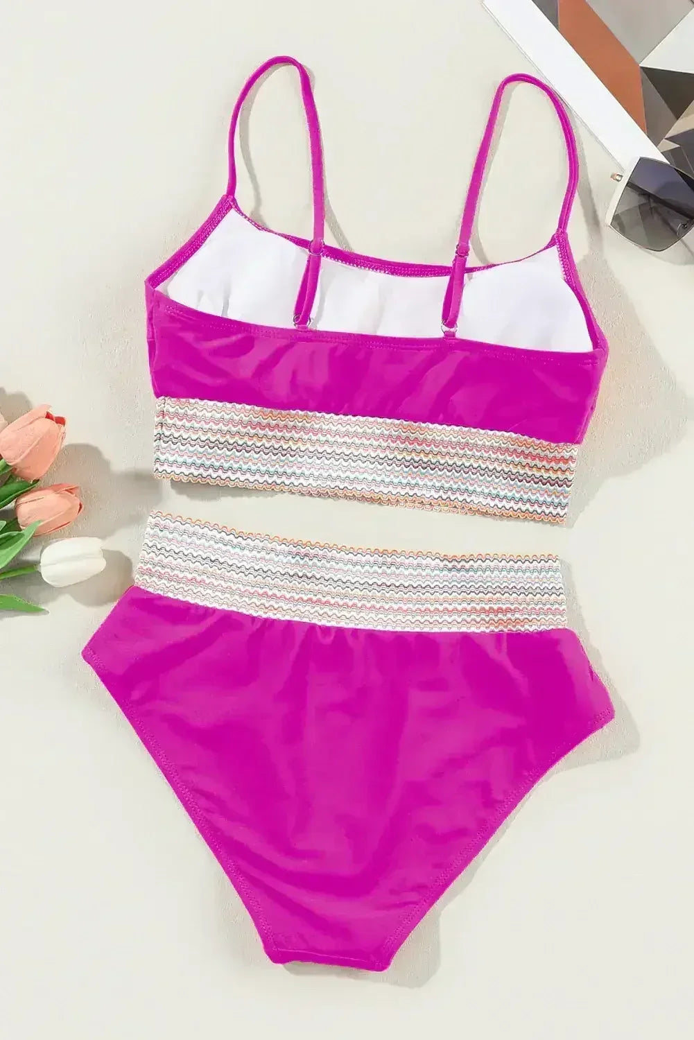 Ensemble bikini taille haute à fines bretelles patchwork rayé rose
