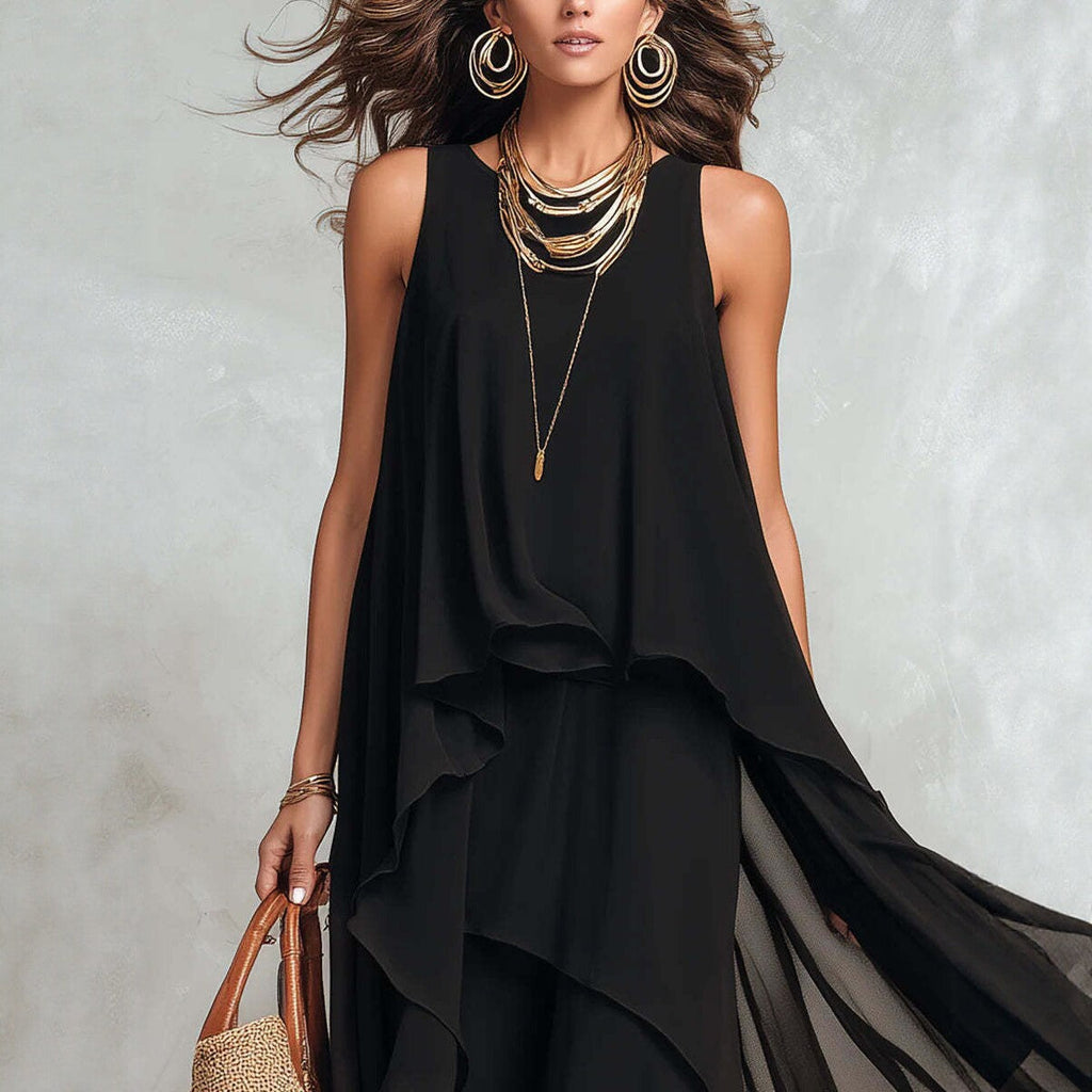 Robe longue asymétrique en mousseline noire – Robe longue fluide sans manches style bohème coupe trapèze pour femme