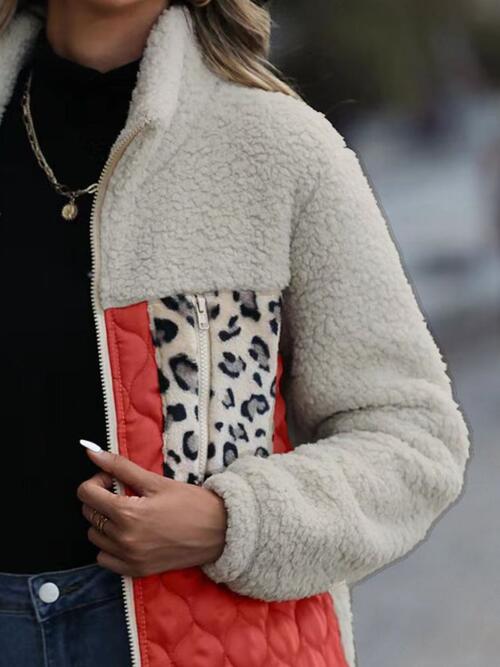 Veste zippée unique à imprimé léopard et blocs de couleur pour l'automne, Veste légère tendance avec poches, Charmante veste d'hiver
