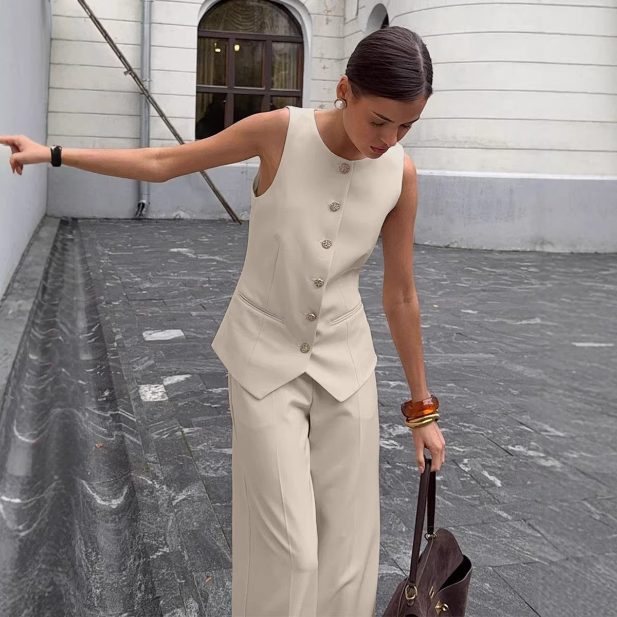Ensemble élégant sans manches gilet et pantalon large pour femme – 2 pièces bureau