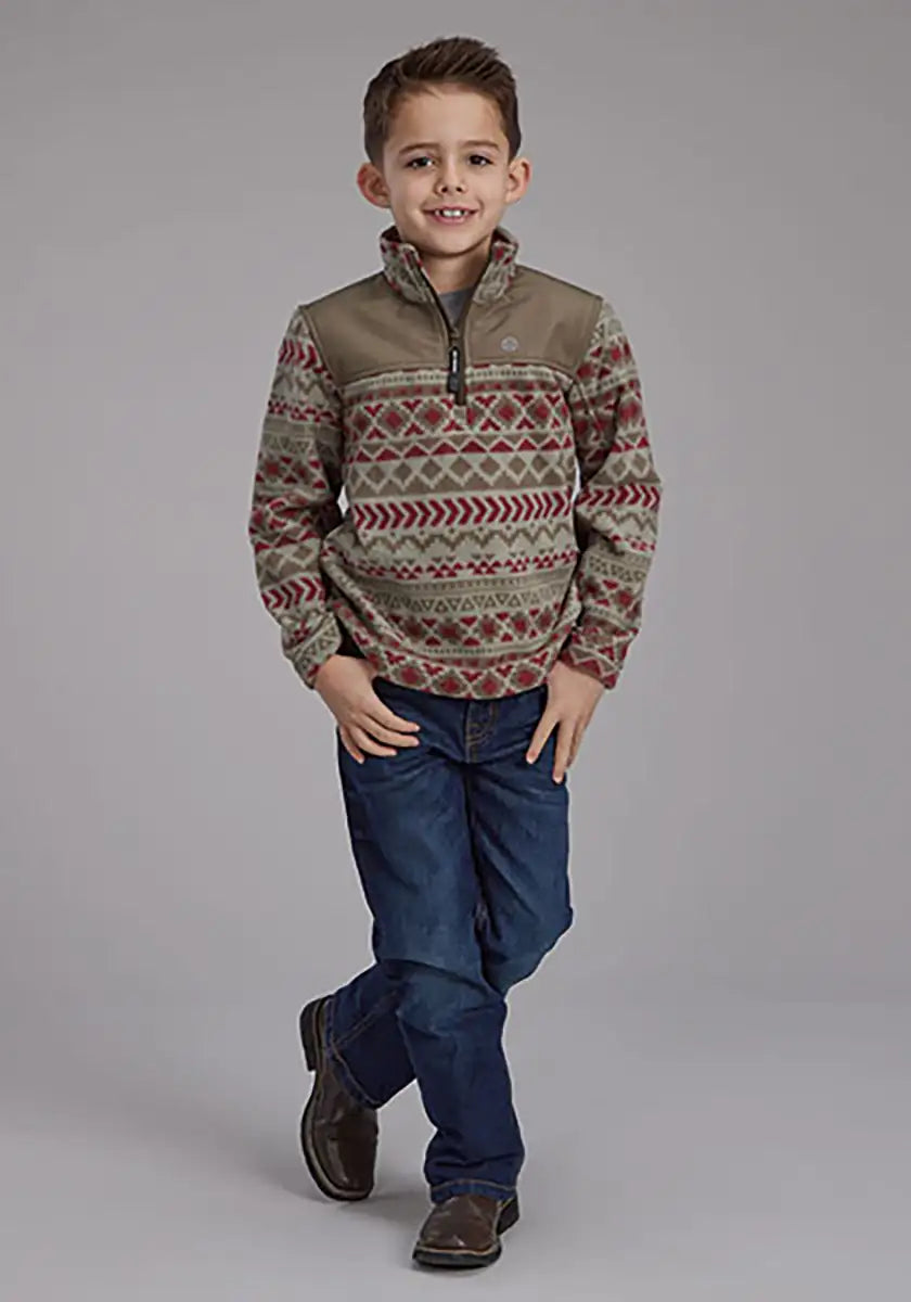Pull en micropolaire à motif aztèque Roper pour garçon (Olive/Rouge) - Veste enfant