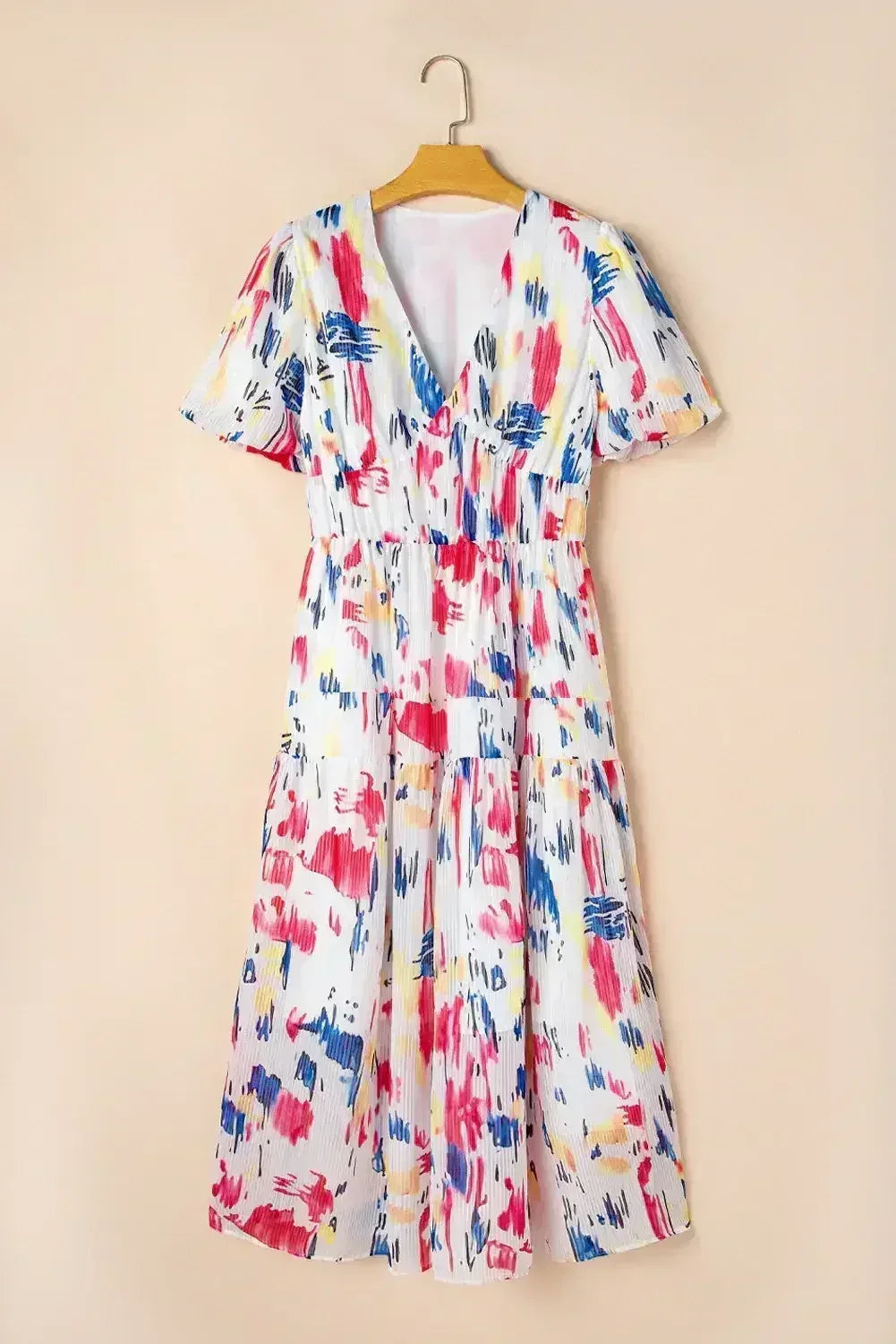 Robe longue étagée à manches courtes bouffantes imprimé abstrait bleu ciel