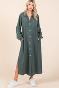 Robe longue fluide pour femme avec col en V, manches longues et boutons, robe longue décontractée, élégante et polyvalente avec détails boutonnés et fente pour un style sans effort