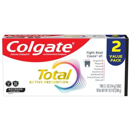 Dentifrice Colgate Total Blancheur + Charbon, Dentifrice Menthe, Tube de 144g, Lot de 2