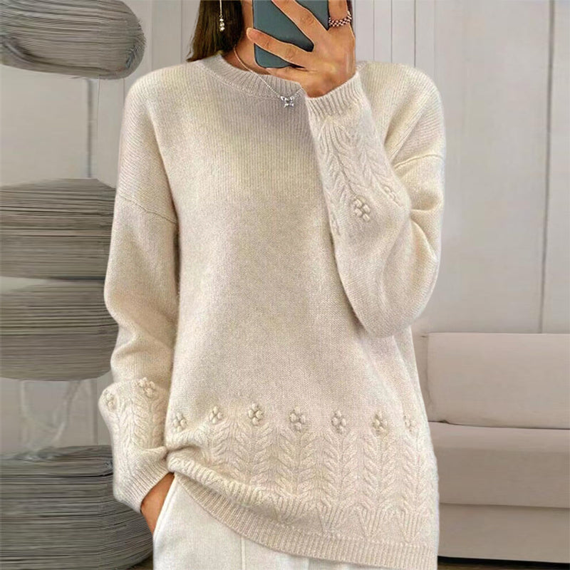 Pull brodé floral 3D de couleur unie pour femme