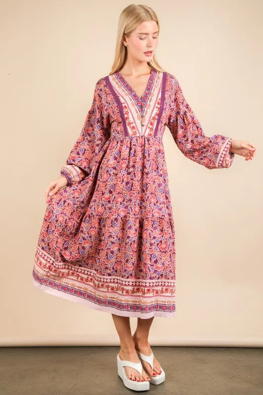 Robe d'été bohème à col en V, manches ballon et imprimé fleuri – Robe bohème à col en V, Robe à manches ballon, Robe à imprimé fleuri, Robe bohème féminine, Robe d'été chic