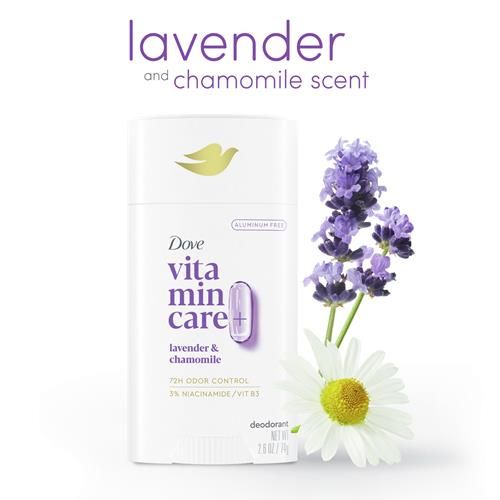 Dove Vitamincare+ Déodorant en stick sans aluminium pour 72 h de protection contre les odeurs Lavande et Camomille Déodorant respirant pour femmes 73 g