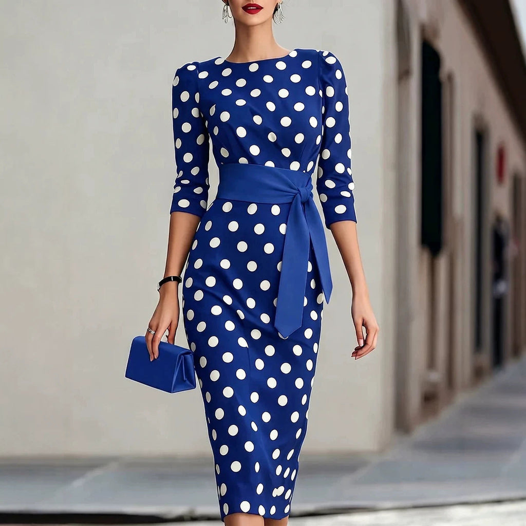 Robe midi moulante rétro à pois pour femme – Ceinturée avec liens croisés