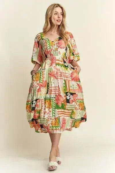 Robe mi-longue d'été florale à col en V et manches bouffantes – femstylo
