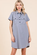 Robe Chemise à Manches Courtes et Col à Détails Boutonnés pour Femme – Classique, Élégante, Chic, Tendance, Polyvalente