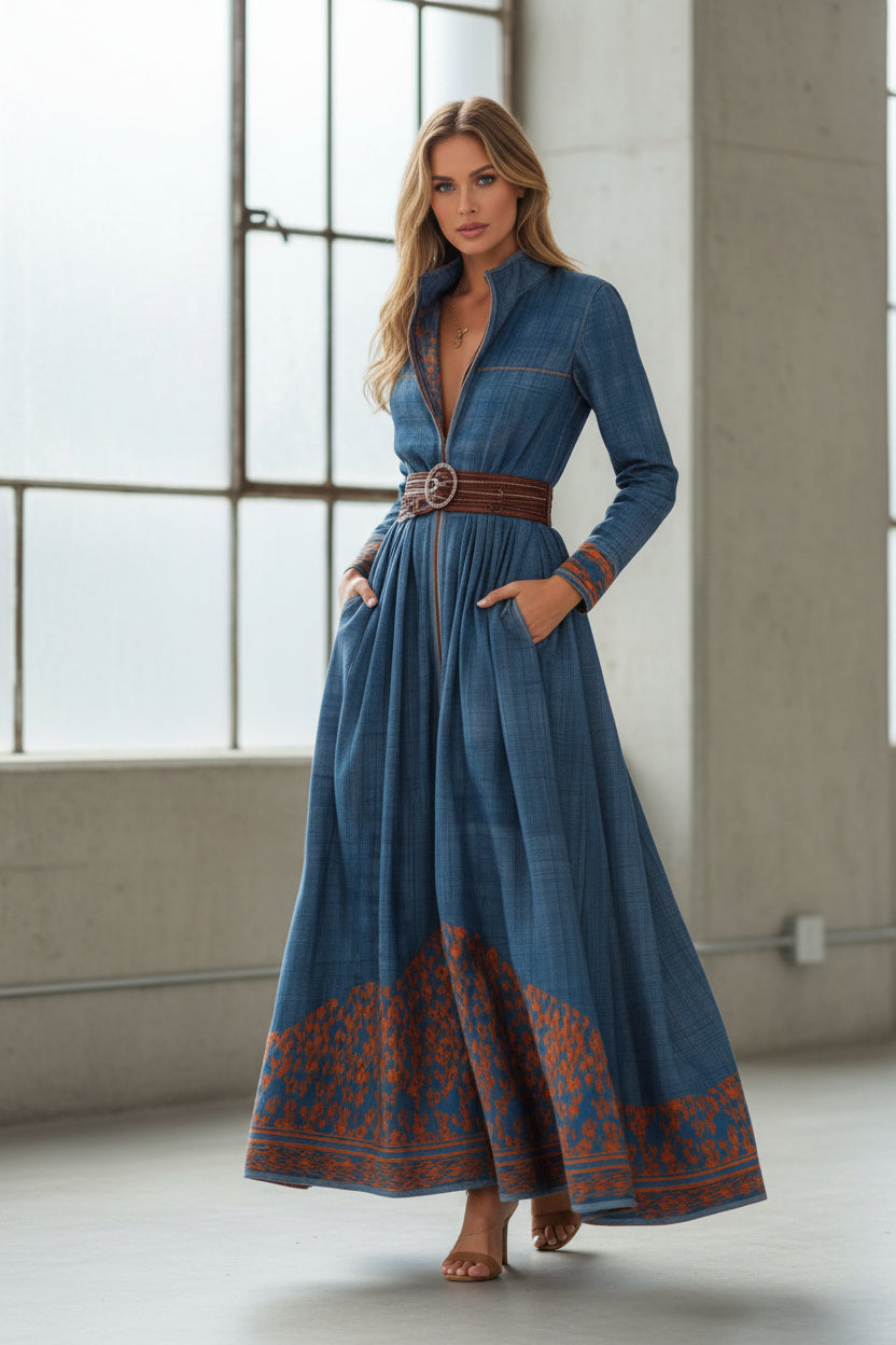 Robe longue à col montant, motif floral à blocs de couleur