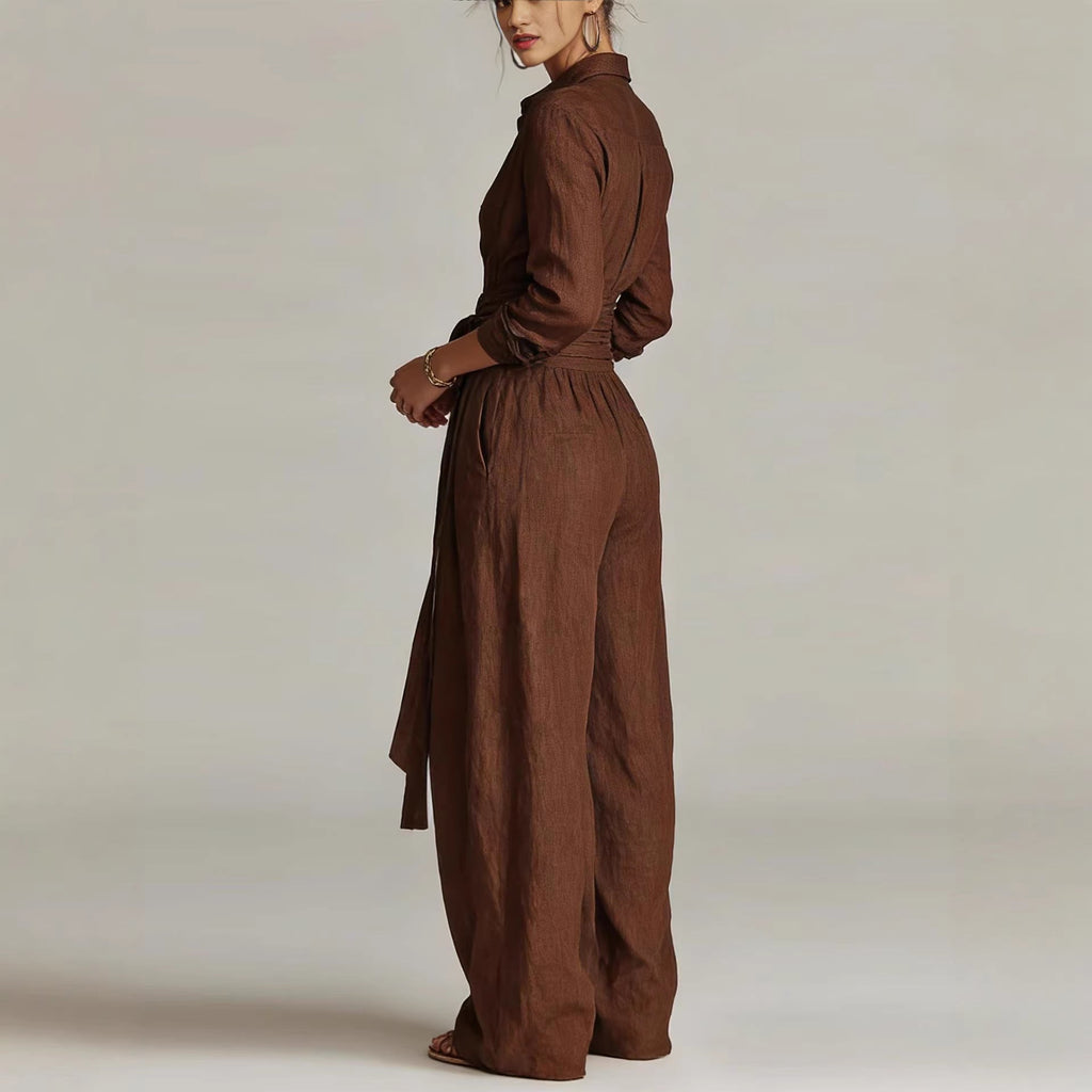 Ensemble deux pièces femme col à manches longues et pantalon taille haute – 5 couleurs