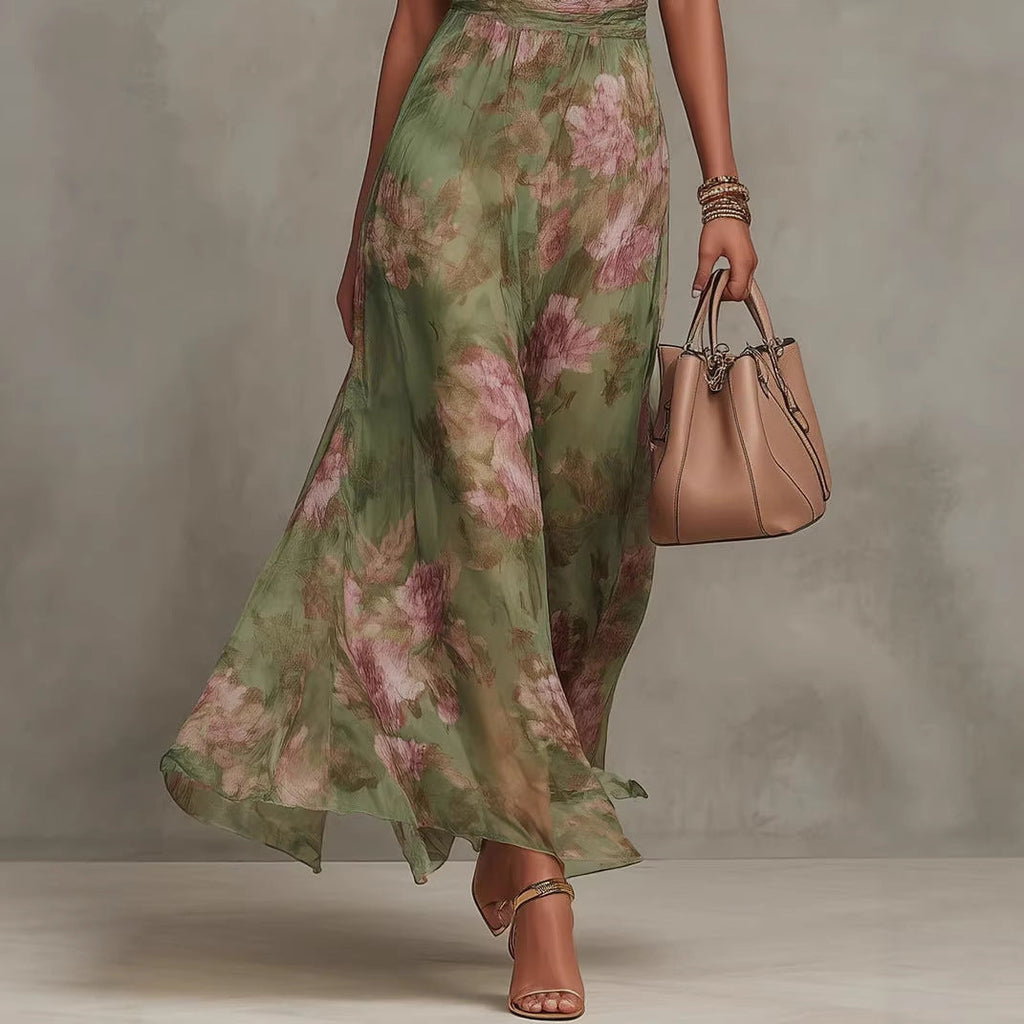 Robe maxi suspendue en maille imprimé graffiti verte – Robe streetwear taille haute fendue asymétrique