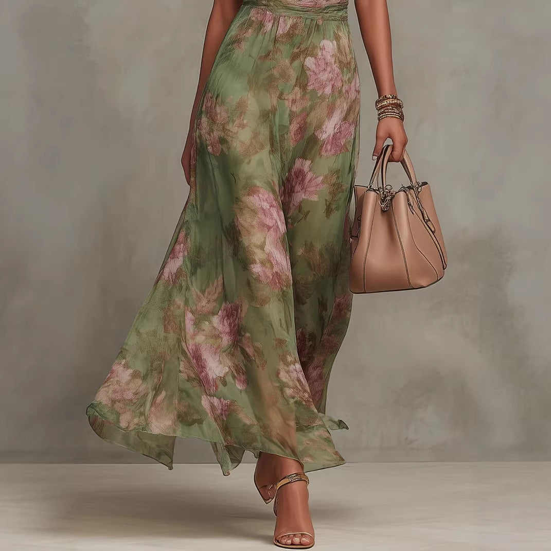 Robe maxi suspendue en maille imprimé graffiti verte – Robe streetwear taille haute fendue asymétrique