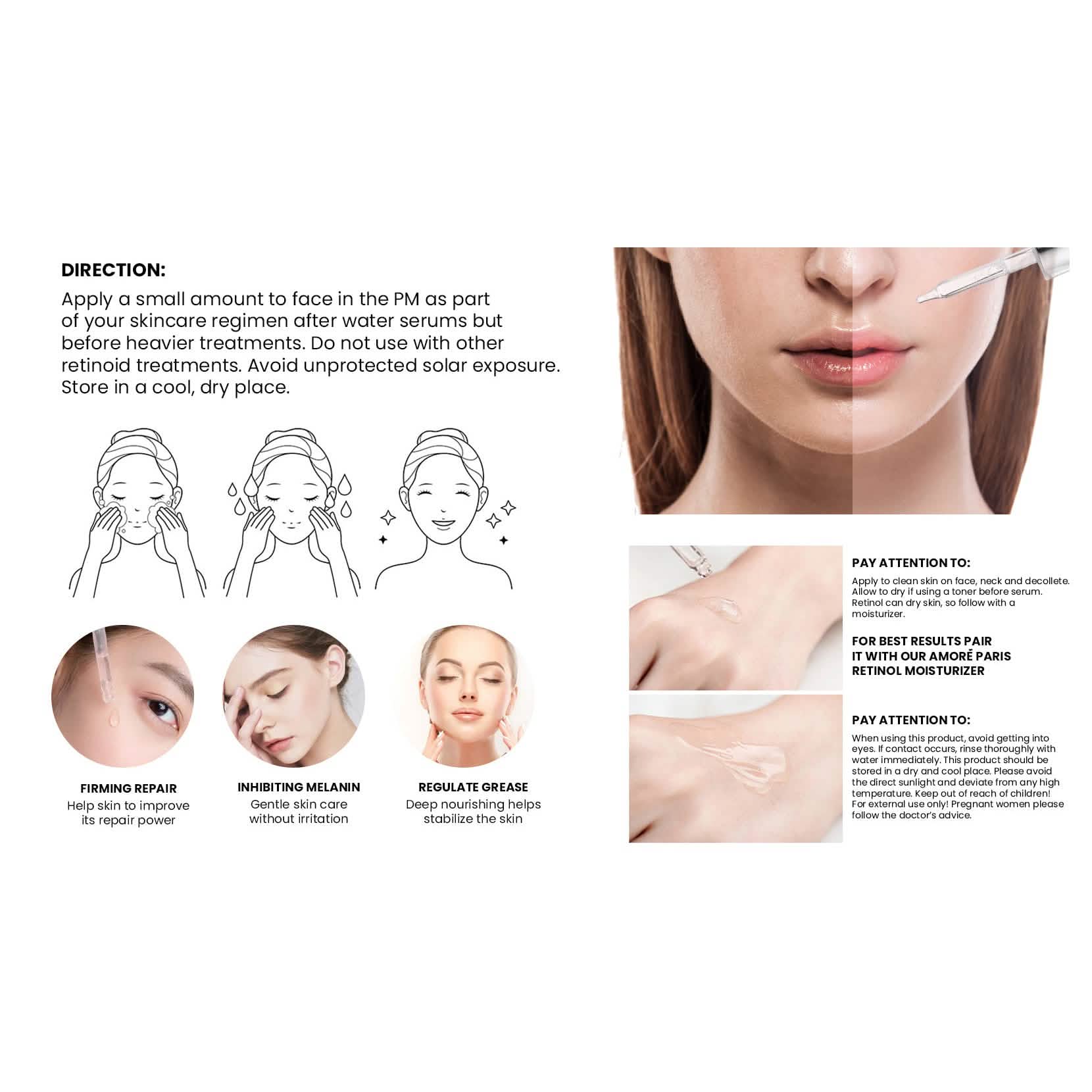 Amore Paris Sérum Retinol 2,5% pour le visage à l'acide hyaluronique, Sérum de nuit