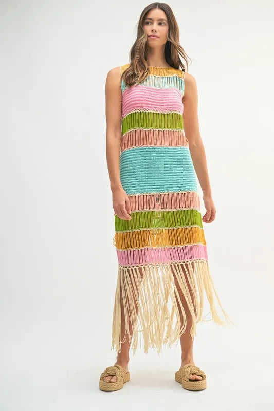 Robe Femme Tricotée au Crochet Franges Multicolores – Robe Tricotée au Crochet, Robe à Franges, Robe Multicolore, Robe Tricotée Bohème, Robe de Festival