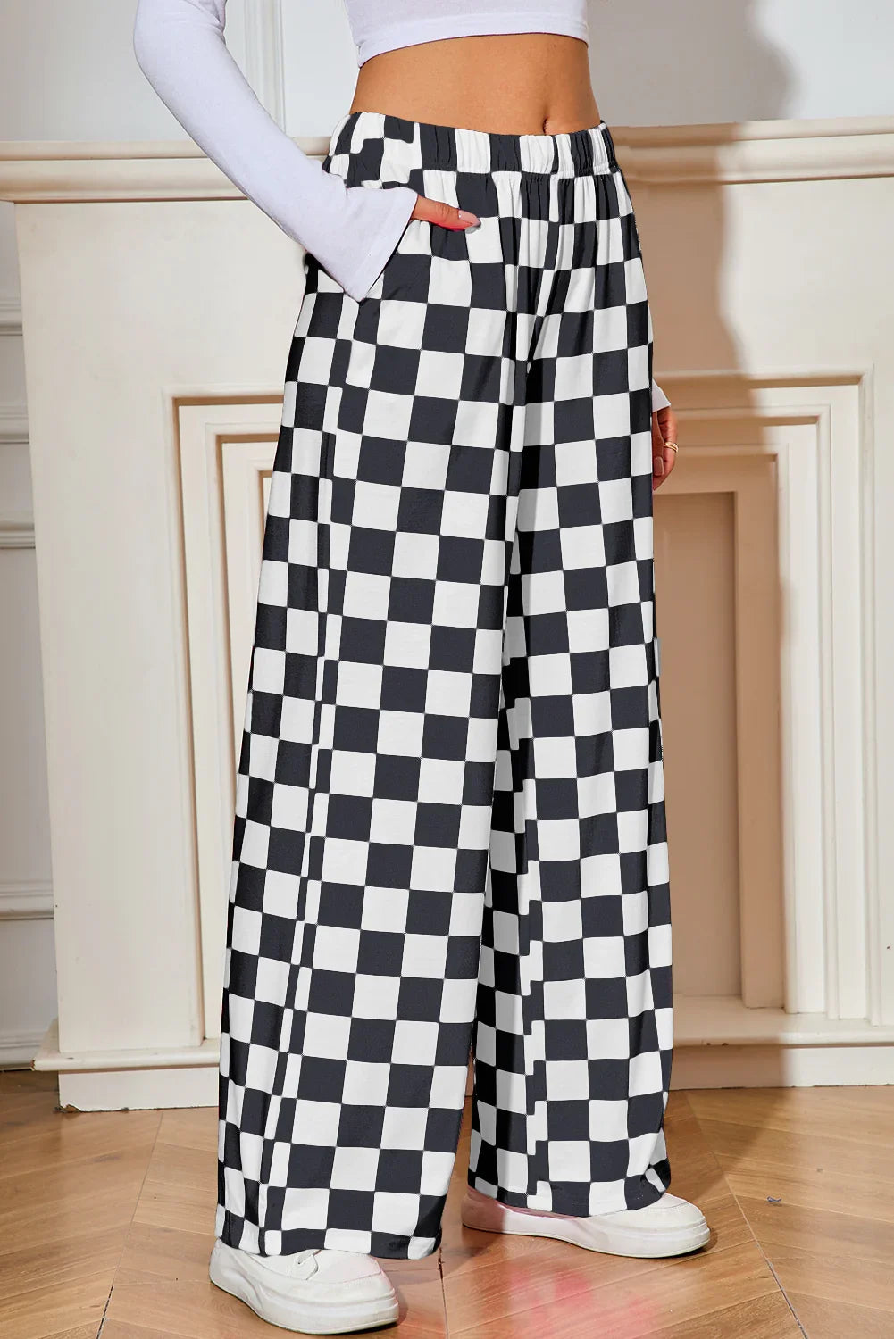 Pantalon ample taille haute à carreaux noirs