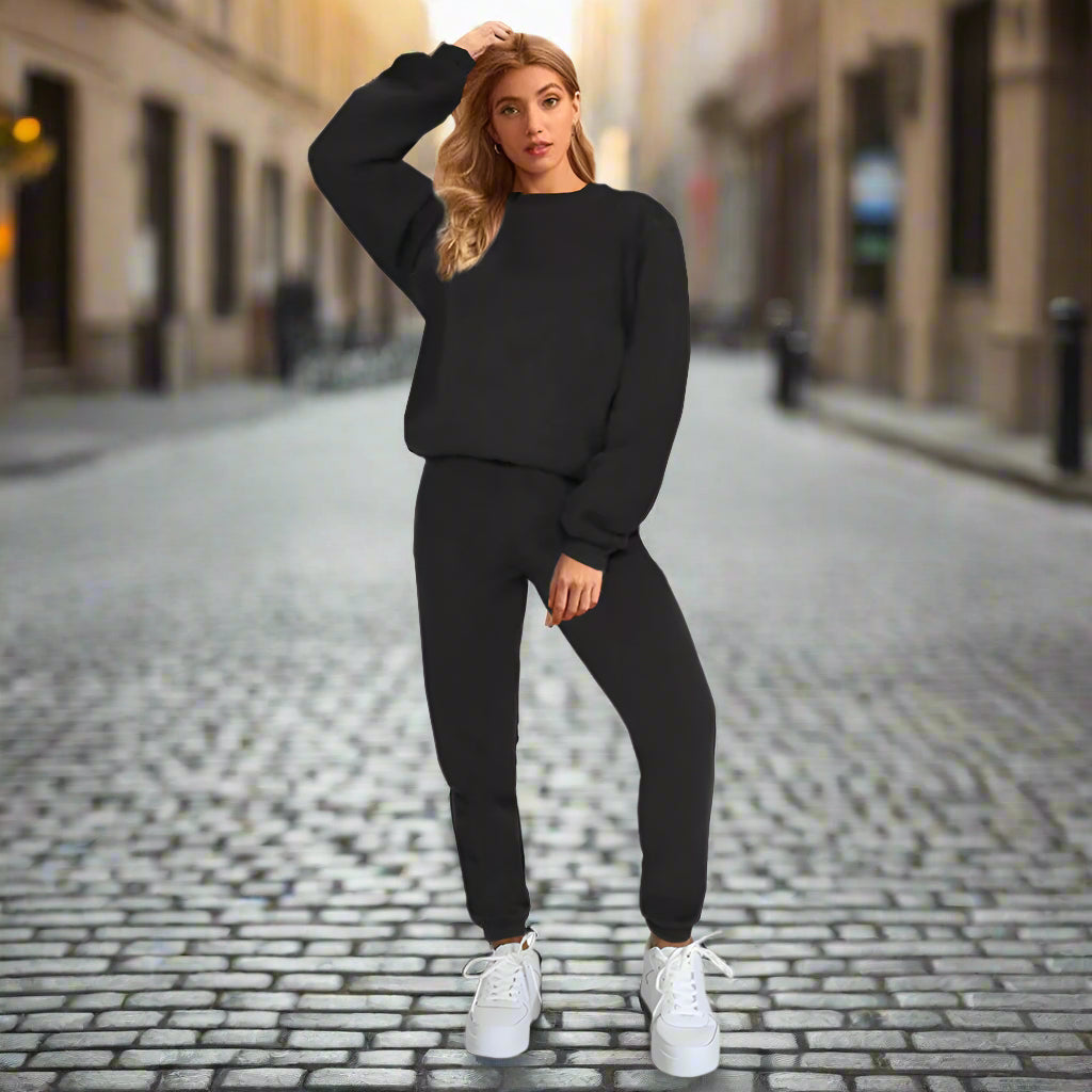 👚 Ensemble pantalon et sweat-shirt uni à col rond pour femme