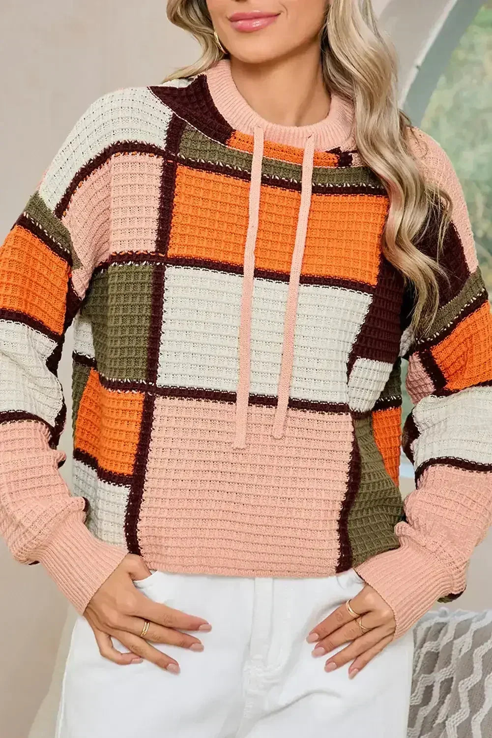 Pull à col montant orange color block en tricot gaufré avec cordon de serrage