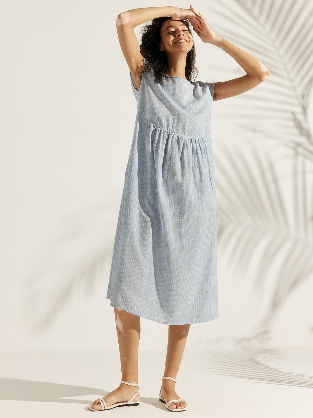 Robe midi lavée en lin à rayures et manches courtes JOAN