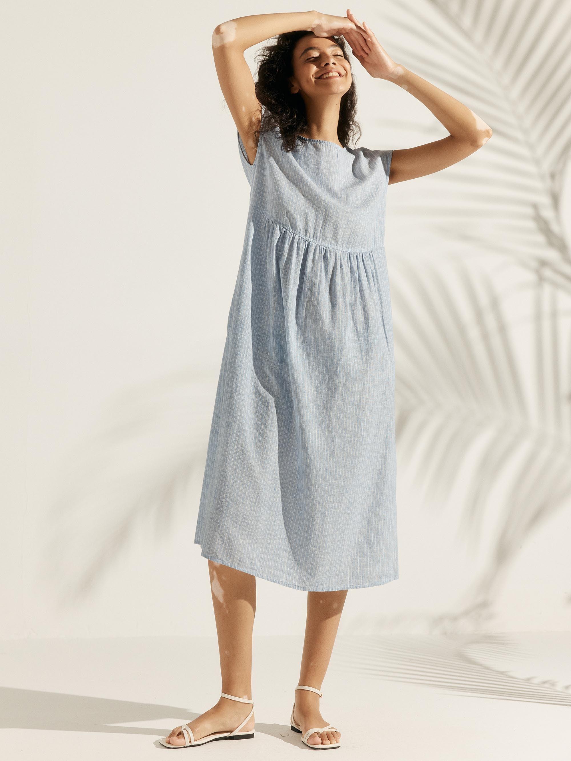 Robe midi lavée en lin à rayures et manches courtes JOAN