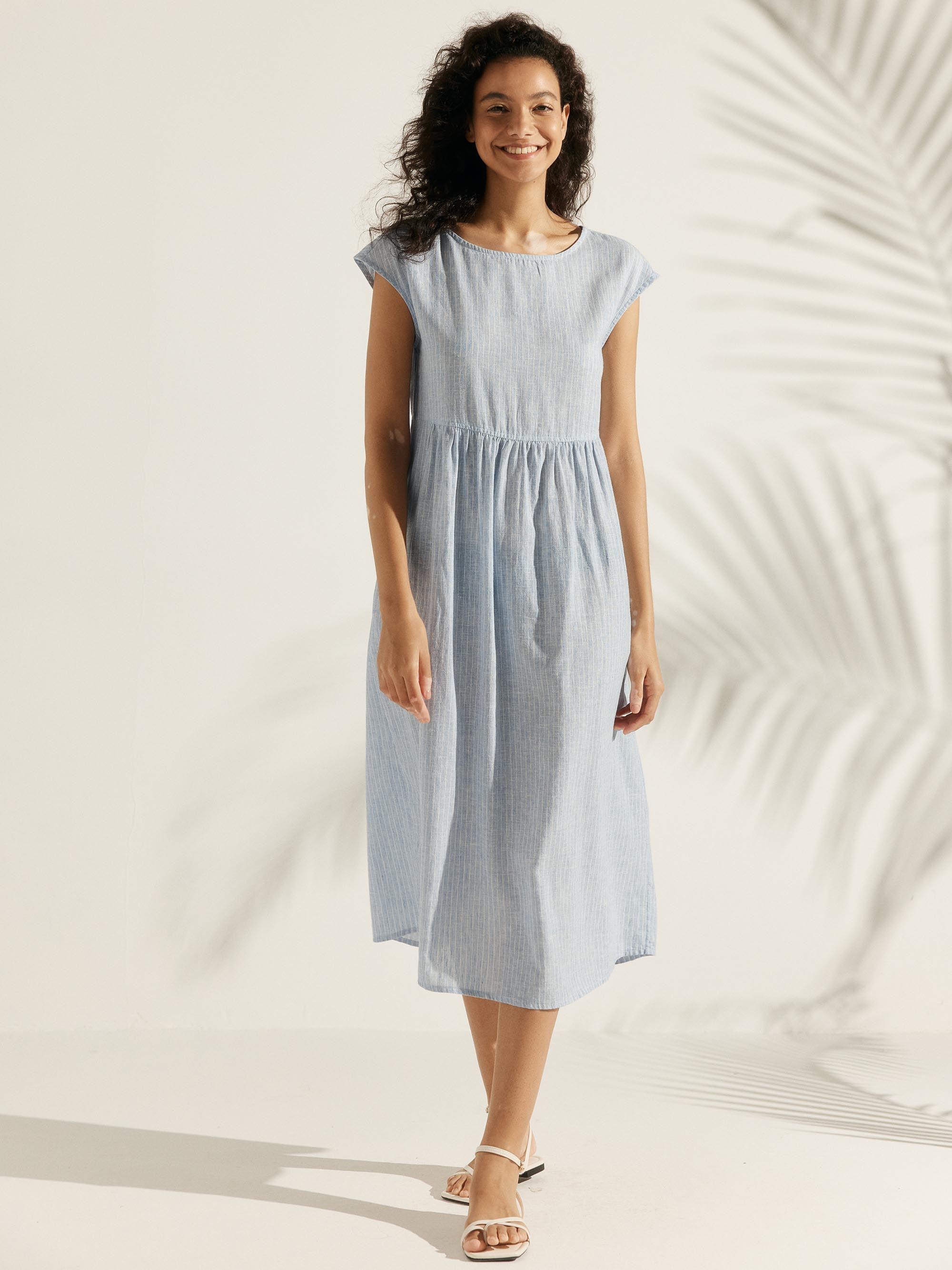 Robe midi lavée en lin à rayures et manches courtes JOAN