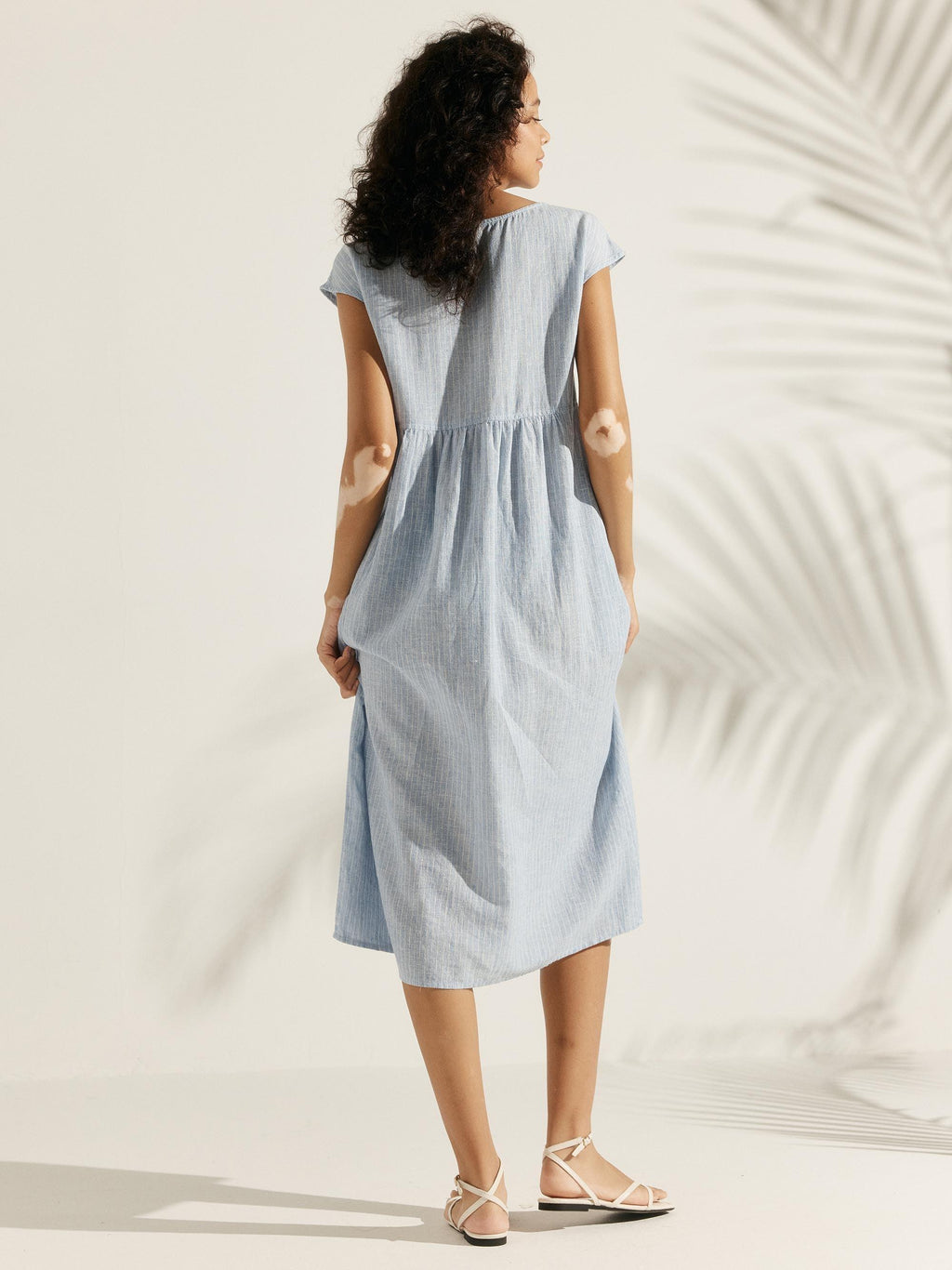 Robe midi lavée en lin à rayures et manches courtes JOAN