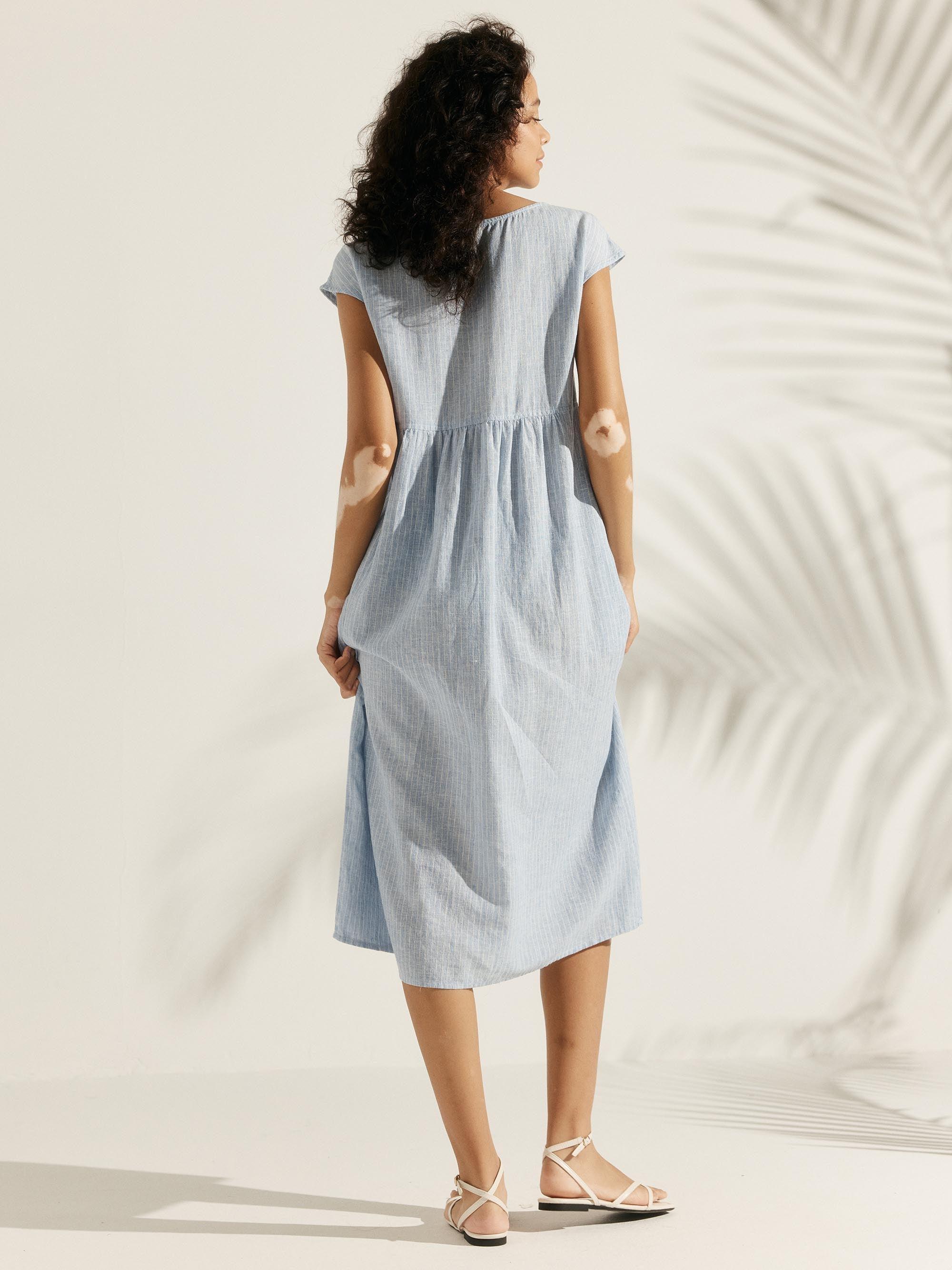 Robe midi lavée en lin à rayures et manches courtes JOAN
