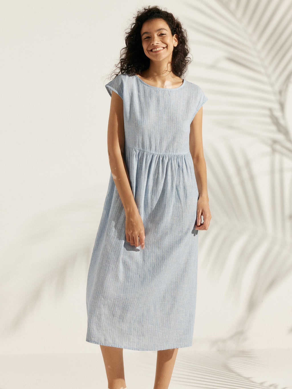 Robe midi lavée en lin à rayures et manches courtes JOAN