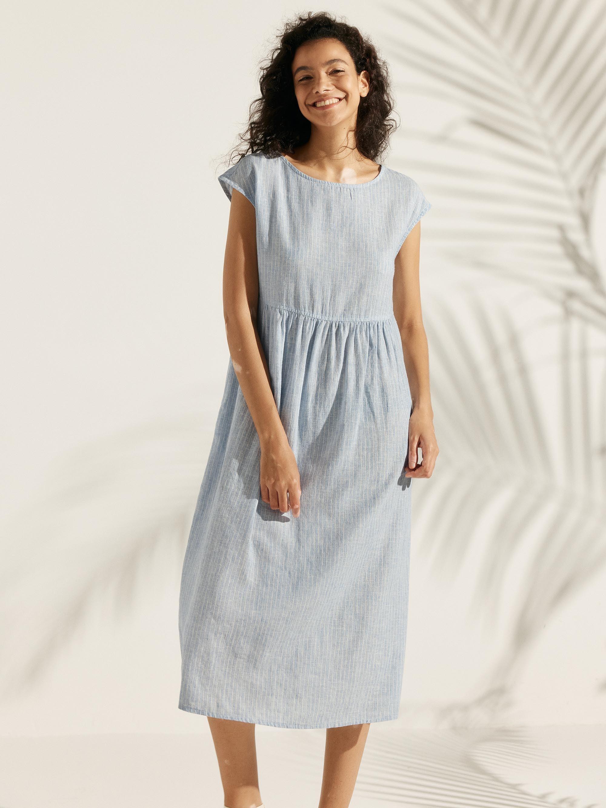 Robe midi lavée en lin à rayures et manches courtes JOAN