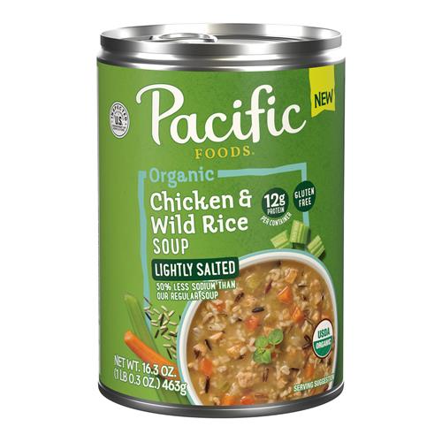 Soupe de poulet et riz sauvage légèrement salée biologique de Pacific Foods, boîte de 462 g