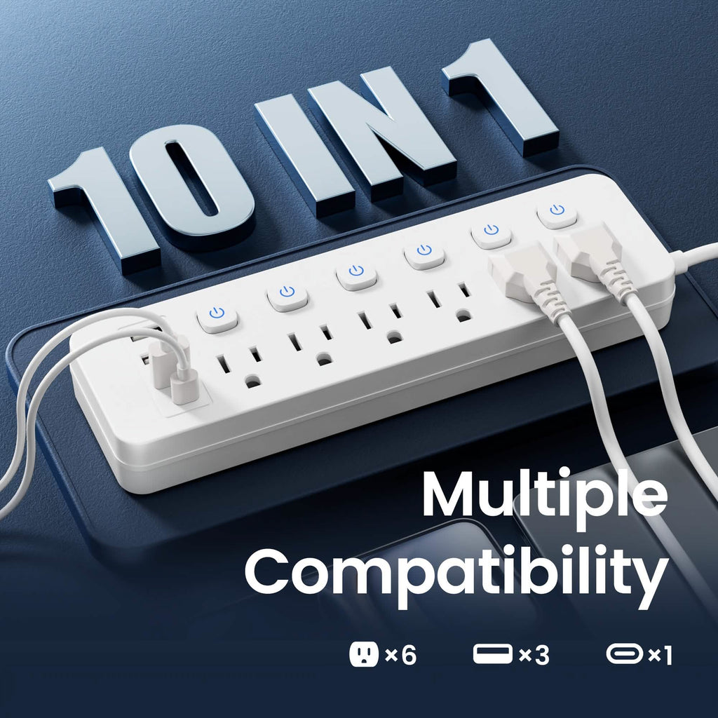 Multiprise 10-en-1 – 6 prises CA, 3 ports USB-A, 1 port Type-C