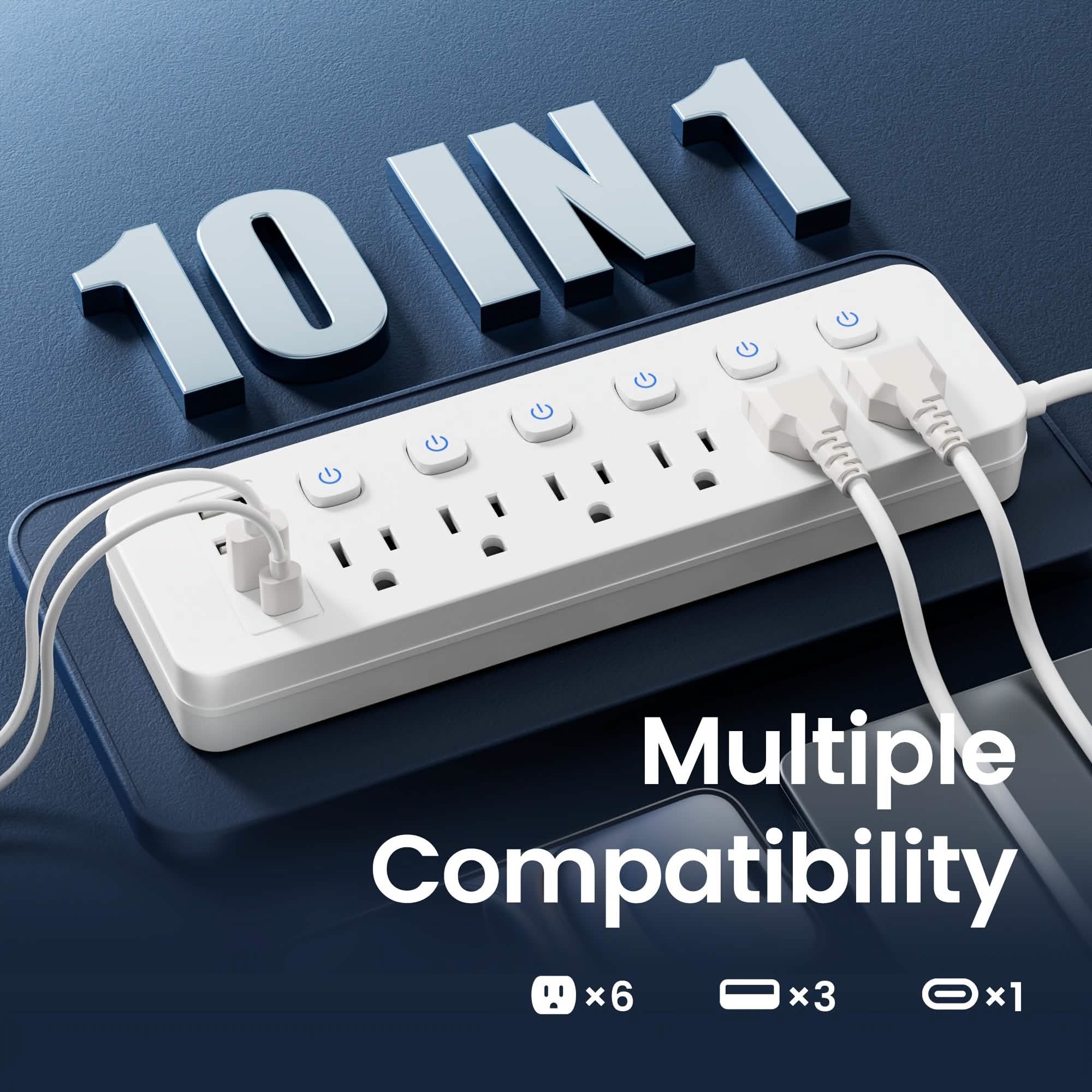 Multiprise 10-en-1 – 6 prises CA, 3 ports USB-A, 1 port Type-C