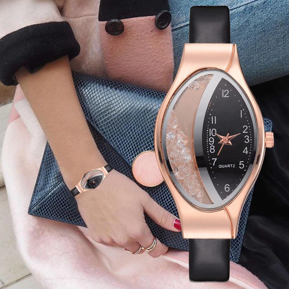 Montre de luxe Ellipse en PU à bracelet en cuir pour femmes, montre-bracelet à quartz sport en strass pour femmes et jeunes filles