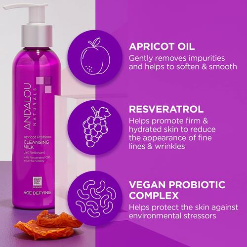 Lait Nettoyant Probiotique Andalou Naturals, Nettoyant Visage Abricot Pour Peaux Sèches Et Déshydratées, Démaquillant Doux, Nettoyant Visage Hydratant Anti-Âge, Non Testé Sur Les Animaux, 177 ml