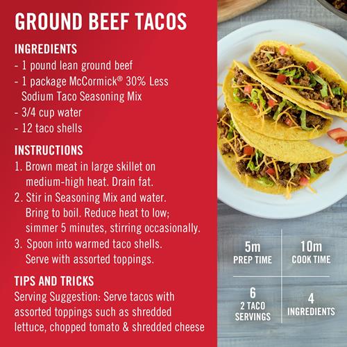 Mélange d'assaisonnement pour tacos McCormick, 30 % moins de sodium, sans glutamate monosodique ajouté, sans arômes artificiels, pour tacos, nachos, fajitas et plus, 28 g