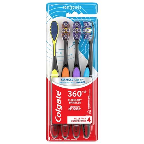 Brosse à dents Colgate 360 Advanced avec poils Floss Tip, souple, pour adultes, paquet de 4
