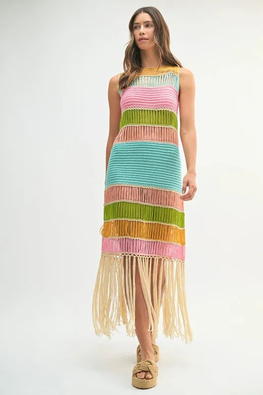 Robe Femme Tricotée au Crochet Franges Multicolores – Robe Tricotée au Crochet, Robe à Franges, Robe Multicolore, Robe Tricotée Bohème, Robe de Festival