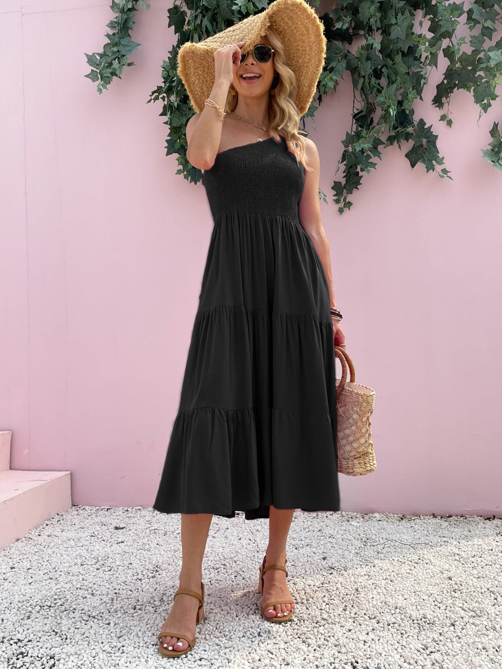 Robe Longue d'Été Sans Manches à Épaule Dénudée et Smocks Élégante et Confortable Robe Légère