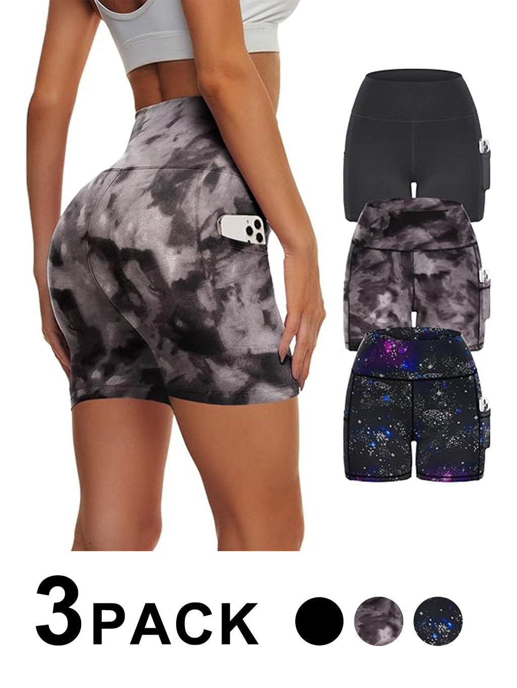 Lot de 3 Leggings de Yoga Taille Haute – Pantalons de Sport Tie-Dye Ciel Étoilé