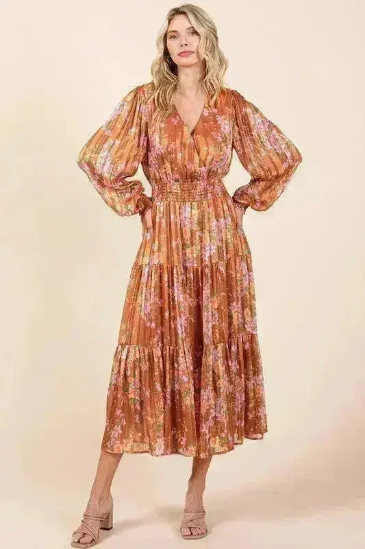 Robe midi smockée Mittoshop à rayures lurex en satin imprimé floral