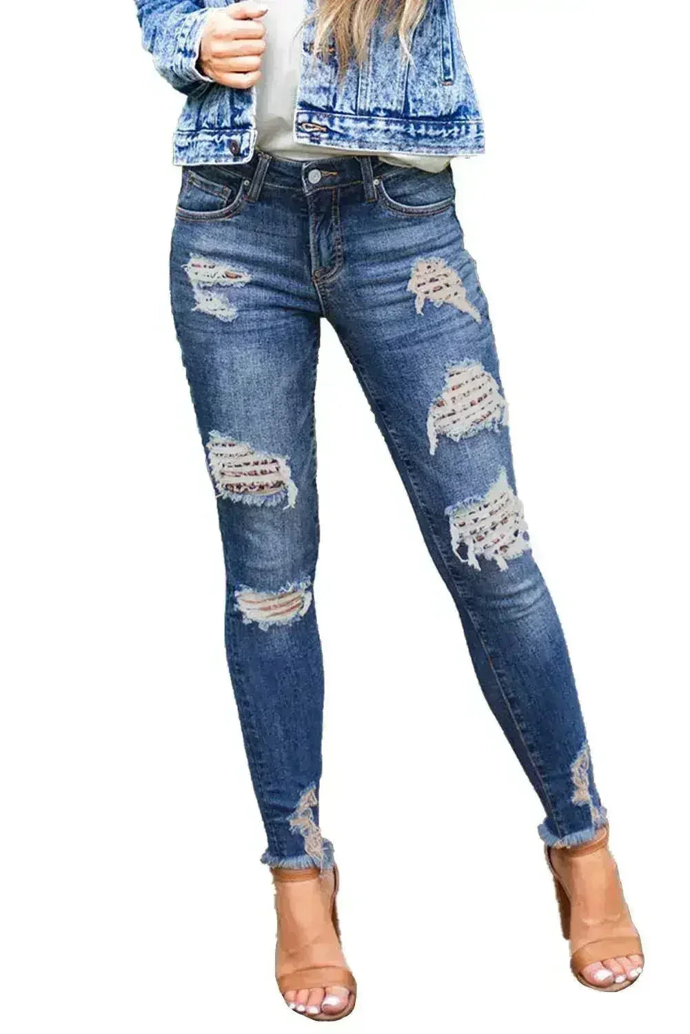 Jeans skinny délavé pour femme, bleu foncé, imprimé léopard, effet vieilli