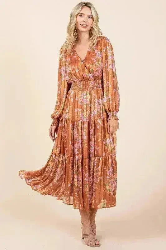 Robe midi smockée Mittoshop à rayures lurex en satin imprimé floral