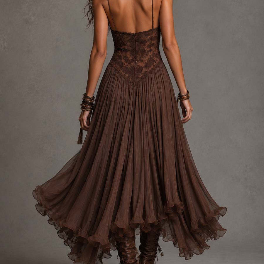 Robe longue évasée en mousseline à col en V et dos nu – Robe longue trapèze élégante pour femme