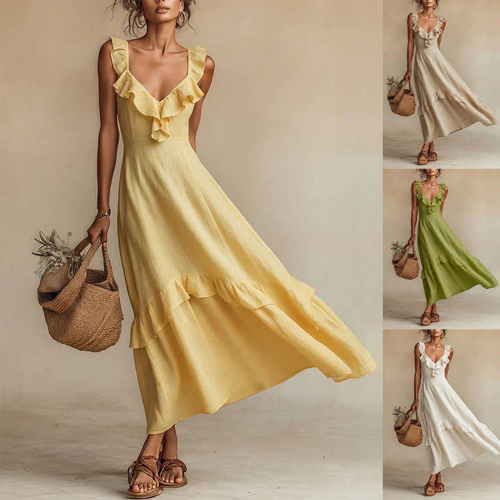 Robe longue sans manches à volants taille haute – 7 couleurs, S–3XL