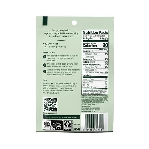 Assaisonnement doux pour tacos Simply Organic, certifié biologique, végétarien, 28 g