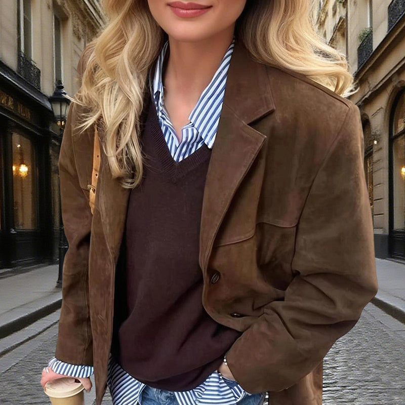 Veste Blazer Effet Daim — Revers Crantés, Manteau Décontracté Boutonné
