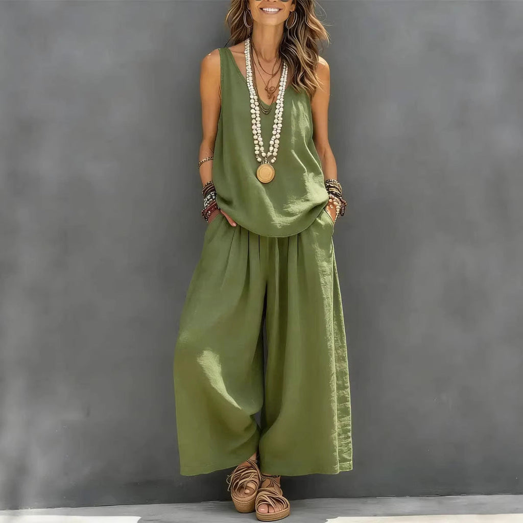 Ensemble débardeur sans manches et pantalon large en coton et lin pour femme